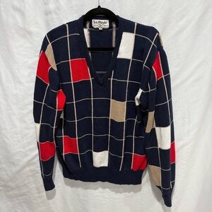 La Mode Vintage Cotton Sweater Windowpane Grid Geometric Colorblock V-Neck Med